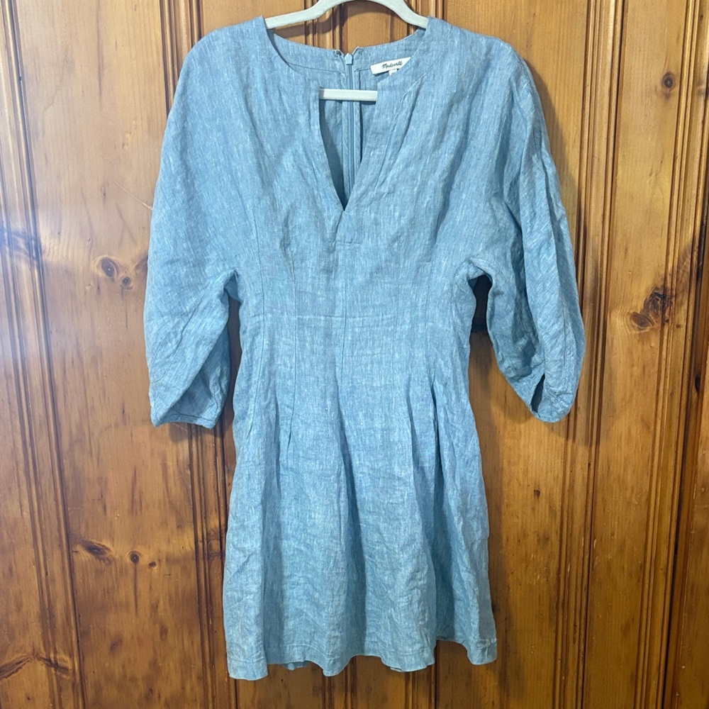 Madewell Splitneck Mini Dress in 100% Linen - Sunfaded Blue - Size 00 - Picture 7 of 15